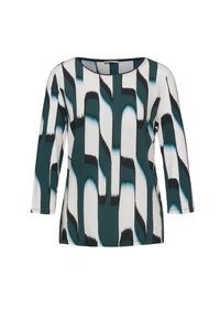 Maglietta a maniche lunghe in morbido tessuto con un audace motivo di strisce verticali in teal, nero e bianco. Collo rotondo, vestibilità comoda.