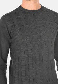 Maglione lavorato a maglia di un grigio scuro con un motivo a treccia testurizzato, scollatura rotonda e polsini a costine, realizzato in un materiale morbido ed elastico.