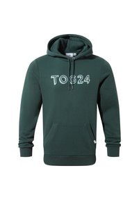 Green hoodie made of soft material with a front pocket, drawstring hood, and "TOG24" logo in white. Features ribbed cuffs and hem.