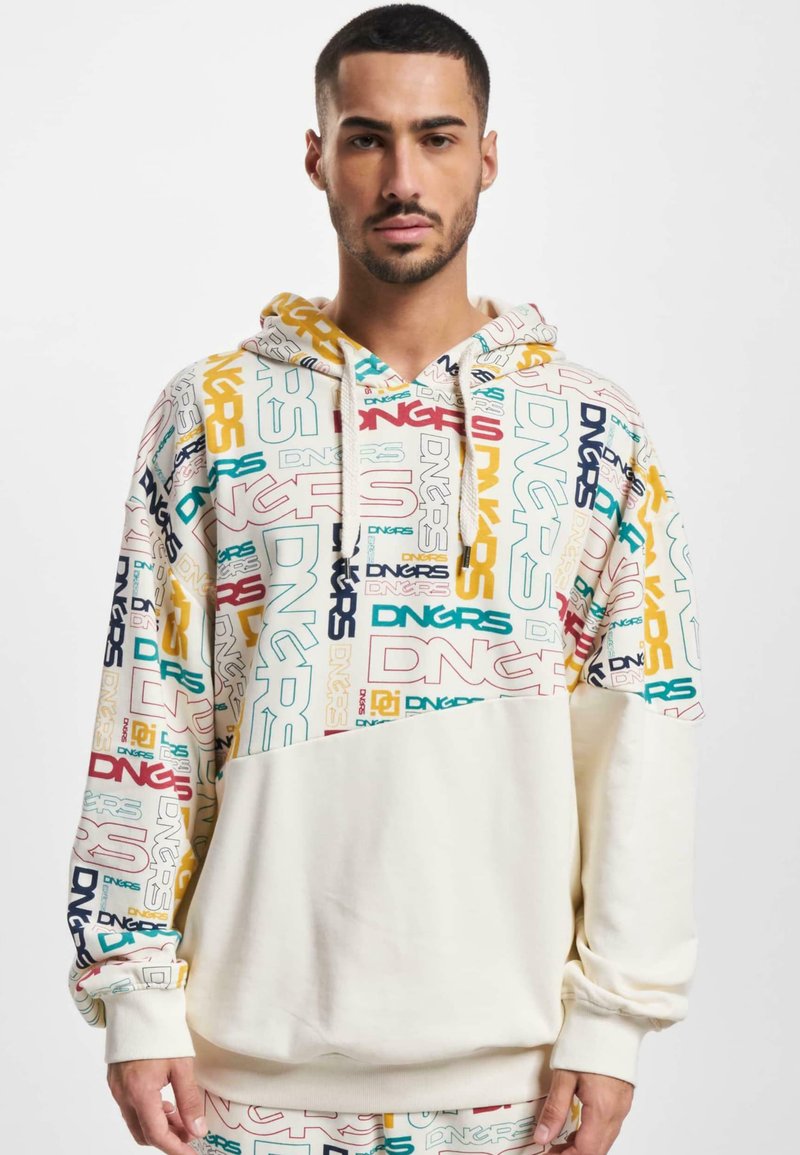 Hooded sweatshirt featuring multicolored "DNGRS" logos on the upper half, cream lower portion, and a textured fabric with ribbed cuffs.