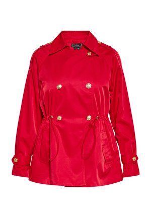 Red double-breasted jacket with gold buttons. Features drawstring waist, long sleeves, and a smooth, shiny texture.