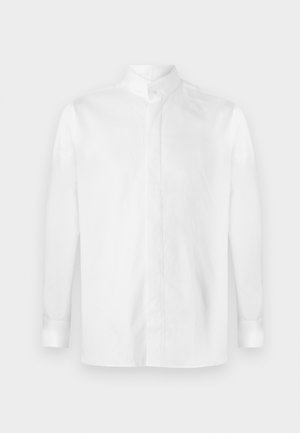 White long-sleeve shirt made of smooth cotton, featuring a stand collar, front button closure, and buttoned cuffs. Flat texture, no patterns.
