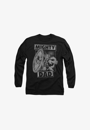 Schwarzes Langarmshirt mit einem grafischen Druck eines muskulösen Charakters mit einem Schild, beschriftet "MIGHTY DAD" in Weiß und Grau.
