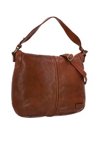 Braune Leder-Schultertasche mit einem Guppy-Design, das ein kontrastierendes Panel, einen abnehmbaren Riemen und Beschläge aus Messing aufweist.