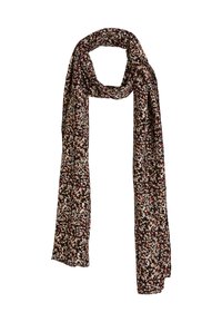 Bufanda con estampado floral que presenta un fondo negro con pequeñas flores de colores. Fabricada en un tejido ligero y texturizado.