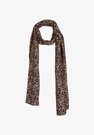 Écharpe à motifs floraux avec un fond noir et de petites fleurs multicolores. Fabriquée en tissu léger et texturé.