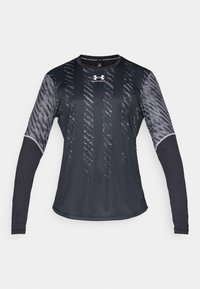 Langärmliges Sportshirt in Schwarz mit einem strukturierten grauen Muster und grauen Akzenten. Hergestellt aus leichtem, feuchtigkeitsableitendem Material.