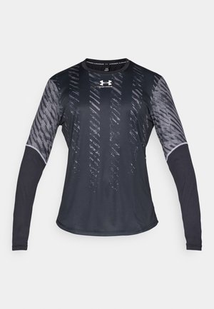 T-shirt de sport à manches longues en noir, avec un motif texturé gris et des accents gris. Fabriqué en matériau léger et absorbant l'humidité.