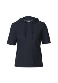 Mörkblå kortärmad hoodie i texturerad tyg, med en framficka, dragsko på huvan och en avslappnad passform.