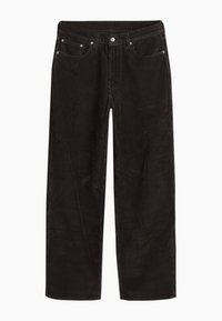 Pantalon en velours côtelé noir à jambes droites avec bouton à l'avant, fermeture éclair et design à cinq poches, présenté sur fond blanc.