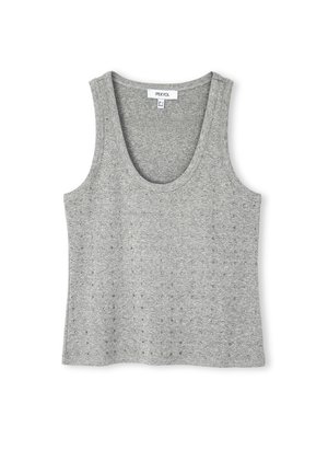 Débardeur gris avec un décolleté arrondi, fabriqué en tissu texturé, comportant de petites accents métalliques régulièrement répartis sur le devant.