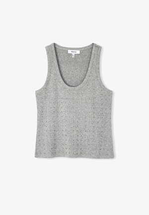 Canotta grigia con scollatura a girocollo, realizzata in tessuto testurizzato, con piccoli dettagli metallici distribuiti uniformemente sulla parte anteriore.