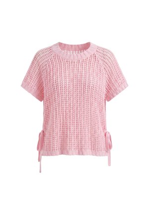 Hellrosa kurzärmeliges Stricktop mit offenem Strickmuster und seitlichen Bindebändern, mit geripptem Rundhalsausschnitt und Saum.