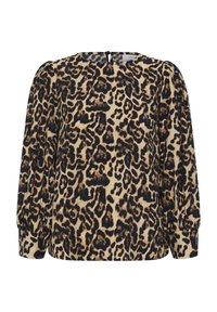 Leopard print blouse with long sleeves, round neckline, and back keyhole detail. Colors include beige, black, and brown in a textured fabric.