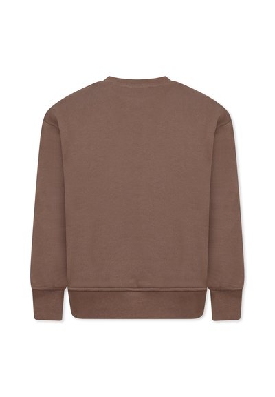 Felpa marrone, collo rotondo, maniche lunghe, polsini e orlo ribattuti, texture morbida, design semplice senza loghi o motivi visibili.