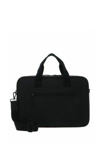 Schwarze Laptop-Tasche aus strapazierfähigem Material, mit zwei oberen Griffen, einem abnehmbaren Schultergurt und einer vorderen Reißverschlusstasche.