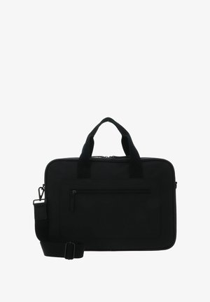 Zwarte laptoptas gemaakt van duurzaam materiaal, met dubbele handgrepen aan de bovenkant, een afneembare schouderriem en een voorvak met ritssluiting.