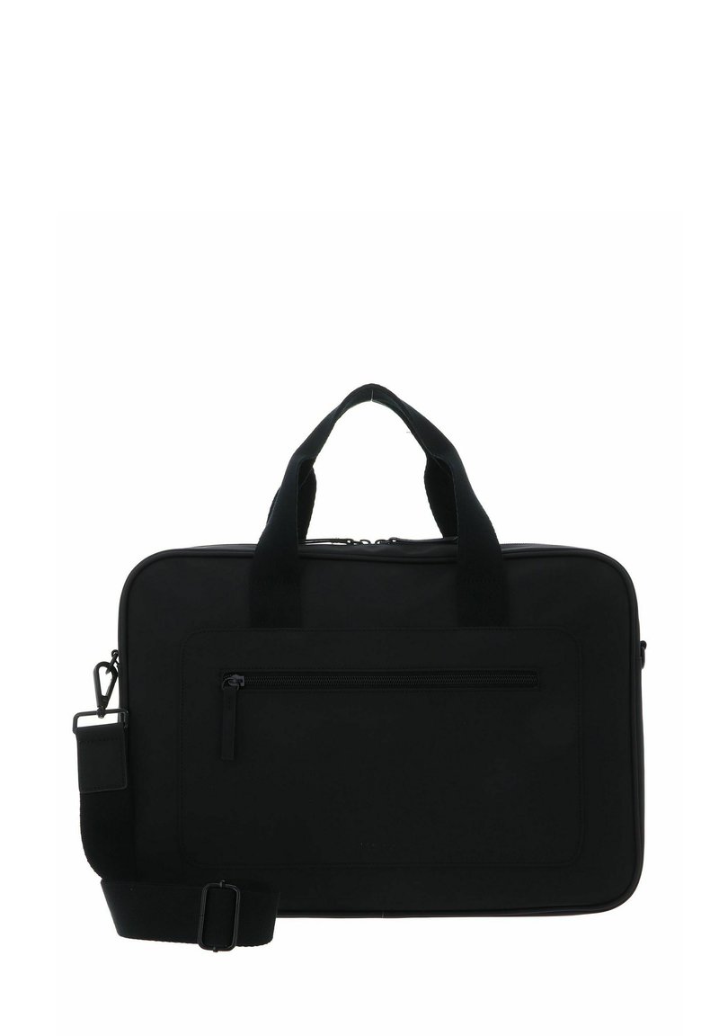 Schwarze Laptop-Tasche aus strapazierfähigem Material, mit zwei oberen Griffen, einem abnehmbaren Schultergurt und einer vorderen Reißverschlusstasche.