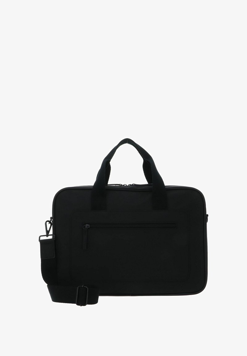 Schwarze Laptop-Tasche aus strapazierfähigem Material, mit zwei oberen Griffen, einem abnehmbaren Schultergurt und einer vorderen Reißverschlusstasche.