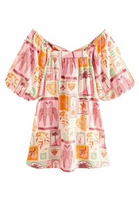 Off-shoulder top met pofmouwen van lichte stof, voorzien van een kleurrijke print met verschillende bloem- en dierenmotieven in roze, groen en oranje.