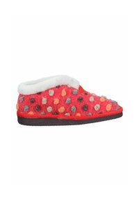 Red wool slipper with multicolored felt dots, white fuzzy collar, and black sole, shown from the side on a white background.