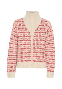 Långärmad cardigan med dragkedja i beige med intrikata röda geometriska mönster. Har en hög krage samt ribbade muddar och fåll.