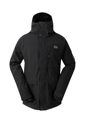 Mustan vedenpitävän takin, jossa on korkea kaulus, säädettävä huppu, useita etutaskuja ja napillisia sulkuja. Takissa on sileä, matta pinta.