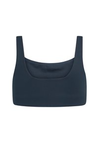 Women's dark navy blue sports bra with wide shoulder straps and a square neckline, seamless design.
