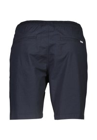 Mörkblå shorts med elastisk midja, som har två bakfickor och ett glatt, lätt tyg. En enkel och funktionell design.