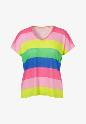 Gestreiftes T-Shirt mit V-Ausschnitt, kurzen Ärmeln und horizontalen Streifen in Pink, Grün, Blau und Gelb aus leichtem, weichem Material.