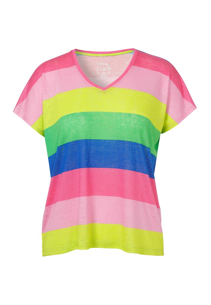 Gestreept t-shirt met een v-hals, korte mouwen en horizontale banden in roze, groen, blauw en geel, gemaakt van een lichtgewicht, zacht materiaal.