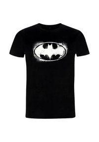 Černé bavlněné tričko s bílým logem Batmana s oválným obrysem, výrazně umístěné uprostřed na tmavé látce.