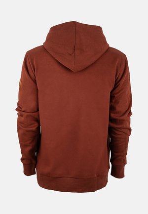 Brauner Hoodie mit einer Kordelzugkapuze, langen Ärmeln und gerippten Bündchen. Verfügt über ein kleines Logopatch am linken Ärmel. Weiche Stoffstruktur.