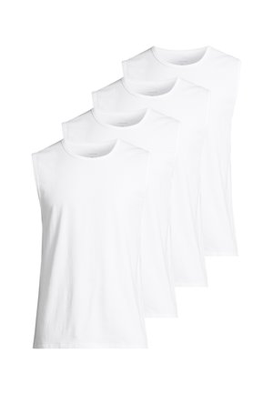 Quatre débardeurs blancs unis empilés par ordre décroissant de taille, présentés sur un fond blanc.