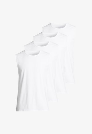 Fire almindelige hvide ærmeløse undertrøjer stablet i faldende størrelsesorden, præsenteret på en hvid baggrund.