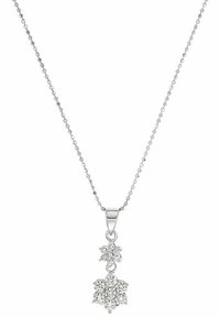 Silver necklace with two dangling snowflake-shaped pendants encrusted with small sparkling crystals on a delicate beaded chain.