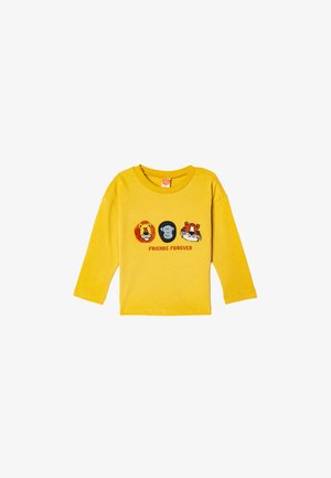 Gelbes langärmliges T-Shirt aus weicher Baumwolle mit drei Tiergesichtern (Löwe, Affe, Tiger) und dem Text "FREUNDE FÜR IMMER" darunter.
