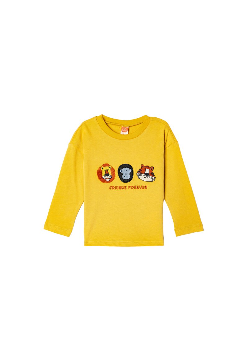 Gul langærmet T-shirt i blødt bomuld, med tre dyreansigtter (løve, abe, tiger) og teksten "VENNER FOR LIFE" nedenfor.