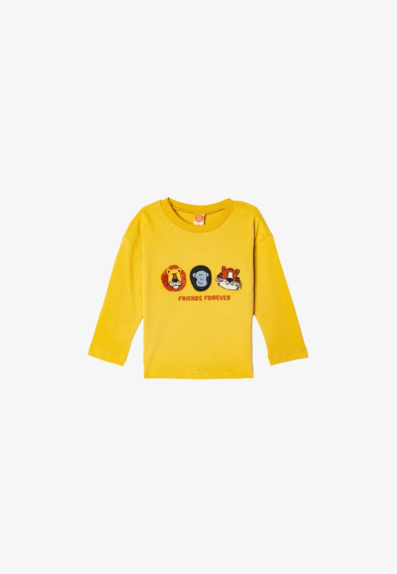 Gul langærmet T-shirt i blødt bomuld, med tre dyreansigtter (løve, abe, tiger) og teksten "VENNER FOR LIFE" nedenfor.