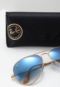 Ochelari de soare stil aviator cu lentile gradient albastre și rame din metal aurit. Împreună cu un toc din piele neagră, cu detalii cu logo aurit.