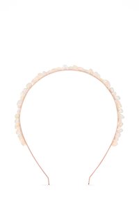Opaska na głowę z cienkim metalowym paskiem. Ozdobiona drobnymi, przezroczystymi, opalizującymi kamieniami wzdłuż górnej krawędzi. Kolor: jasnoróżowy z połyskującym wykończeniem.