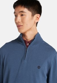 Pullover a maglia blu con colletto a zip a un quarto e una maglietta bordeaux sotto. Presenta un piccolo logo scuro sul petto. Texture liscia.