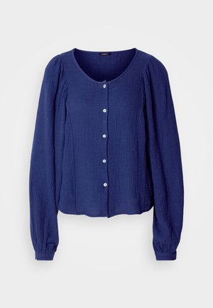 Navy blue button-up blouse with long sleeves, textured fabric, round neckline, and five button front closure. Soft, relaxed fit.