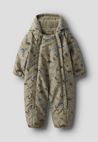 Combinaison de neige rembourrée beige avec un motif de dinosaures en bleu et vert, dotée d'une capuche en fourrure et de poignets élastiques pour plus de chaleur et de confort.