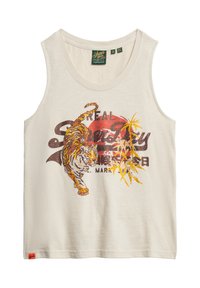 Roomkleurige mouwloze top met een bedrukt tijgerdesign, gele bamboebladeren en het Superdry-merklogo in bruin en rood.