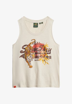 Cremefarvet ærmeløs top med print af tiger, gule bambusblade og Superdry-mærkelogo i brun og rød.
