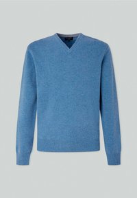 Pull bleu clair à col en V en tissu tricoté doux. Il présente des manches longues ainsi que des poignets et un ourlet côtelés. Texture lisse avec un minimum de détails.