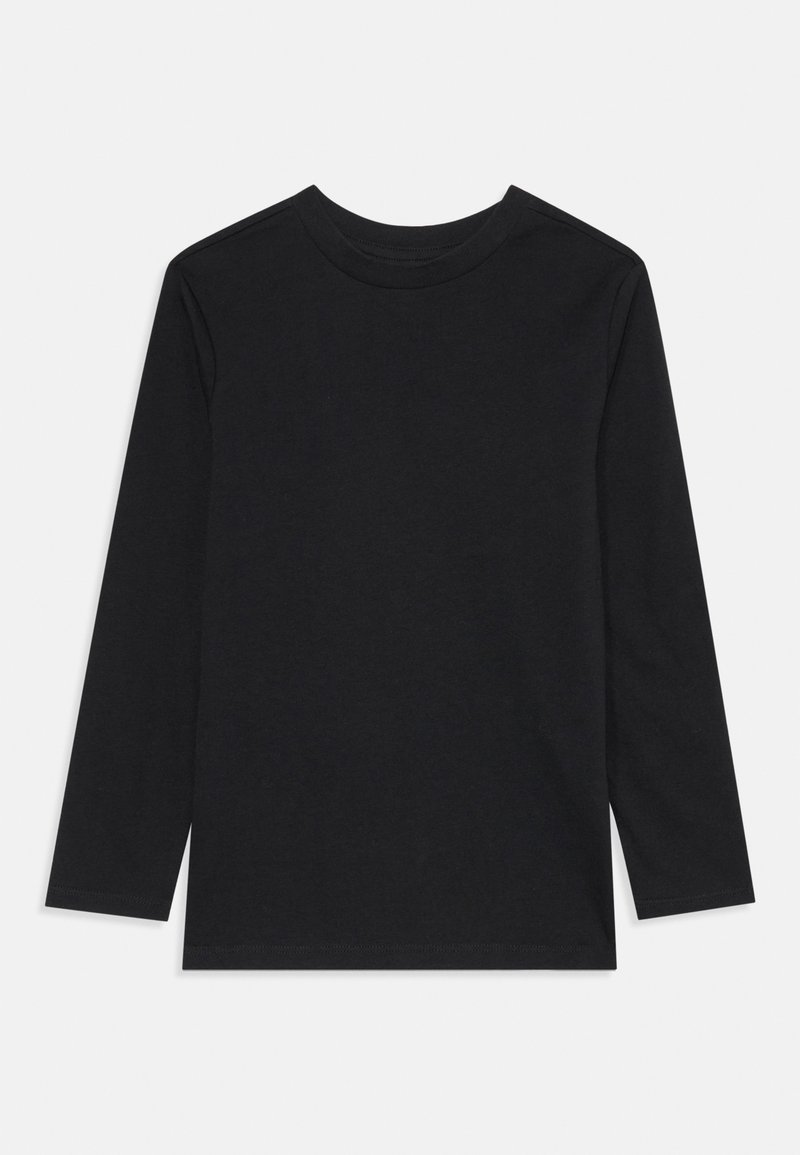 Schwarzes langärmeliges T-Shirt aus weichem Stoff mit rundem Ausschnitt. Einfaches Design ohne Muster oder Akzente.