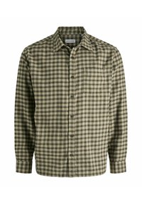Langermet skjorte med knapper, grønt og beige rutemønster og brystlomme, i en avslappet passform.