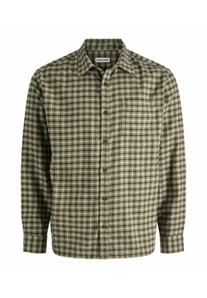 Vihreä-beigenruudullinen pitkähihainen napillinen paita, jossa on rintatasku ja rento istuvuus.